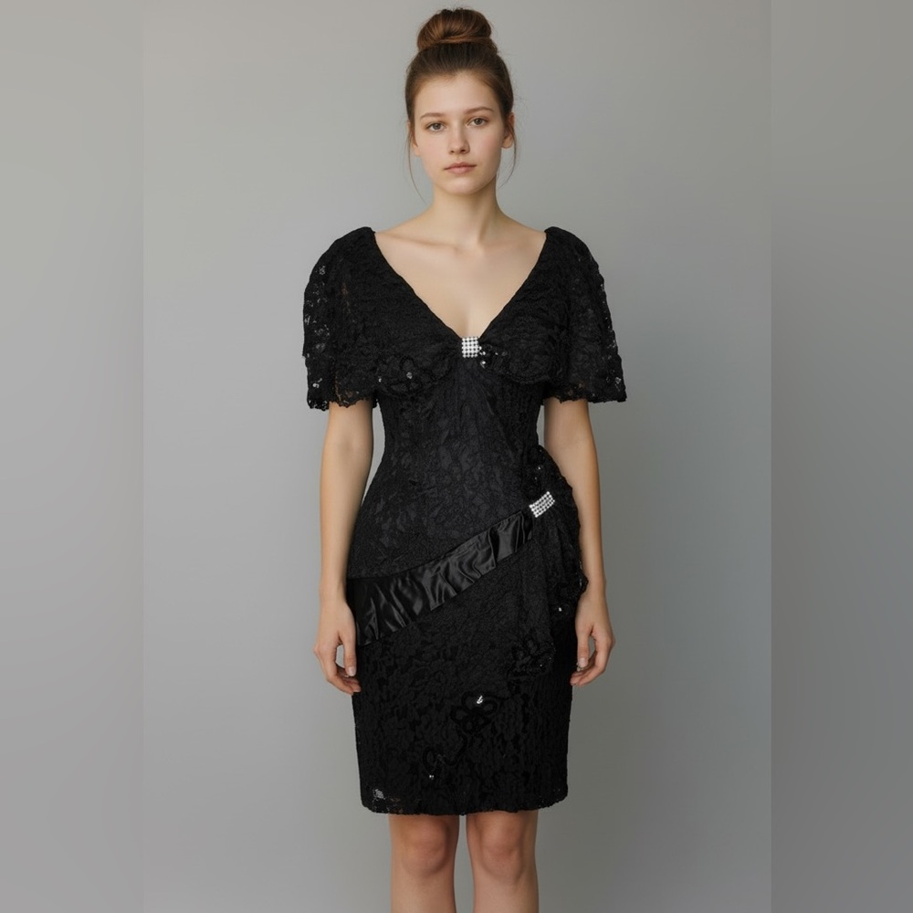 Vintage Cache Elegant Black Lace V-Neck Cocktail Dress with Rhinestone details